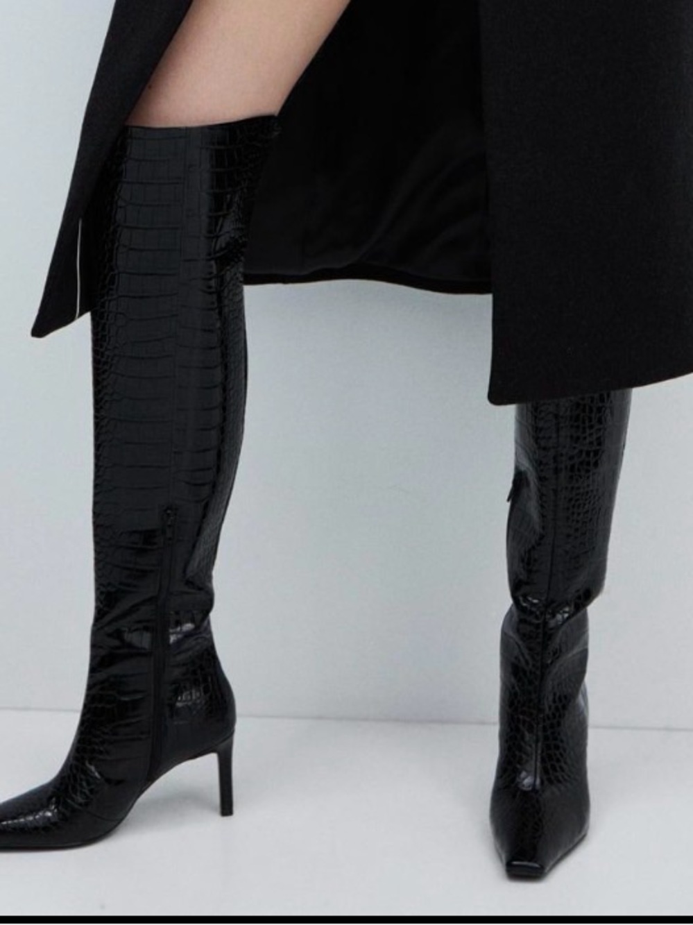 Zara Black Croc-Embossed Over-the-Knee Stiletto Boots